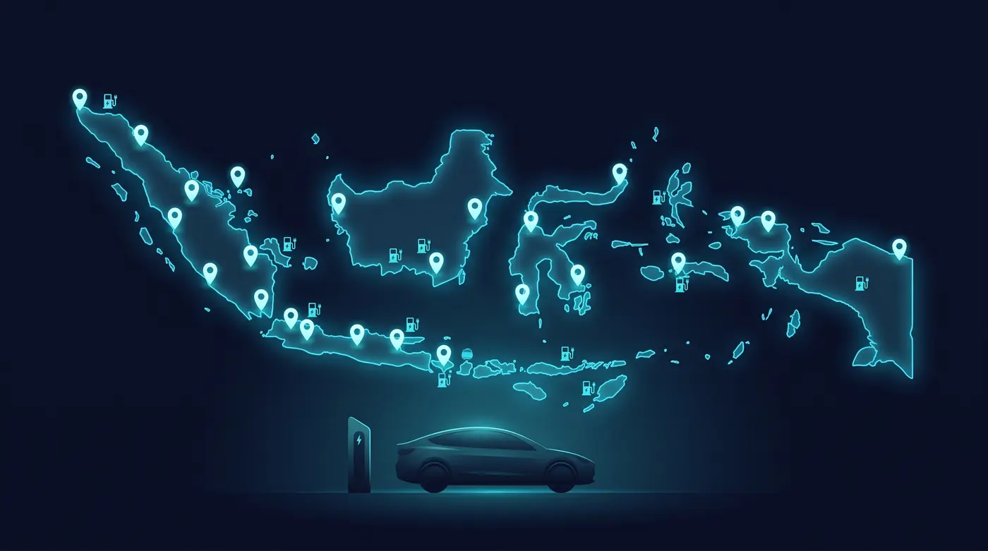Ilustrasi peta Indonesia dengan titik SPKLU dan dealer EV